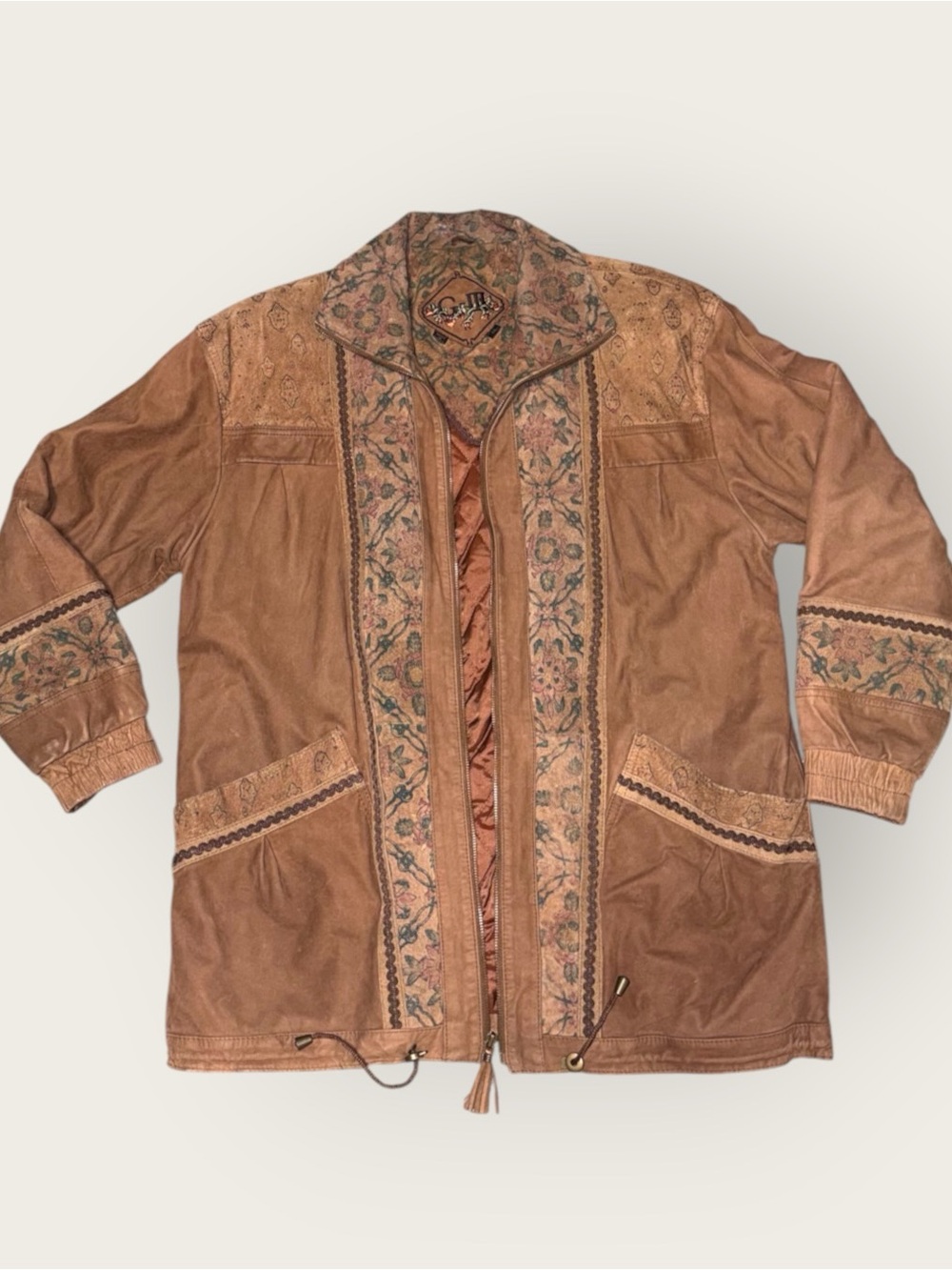 Vintage 80s GIII brown leather and suede tapestry jacket sz M
